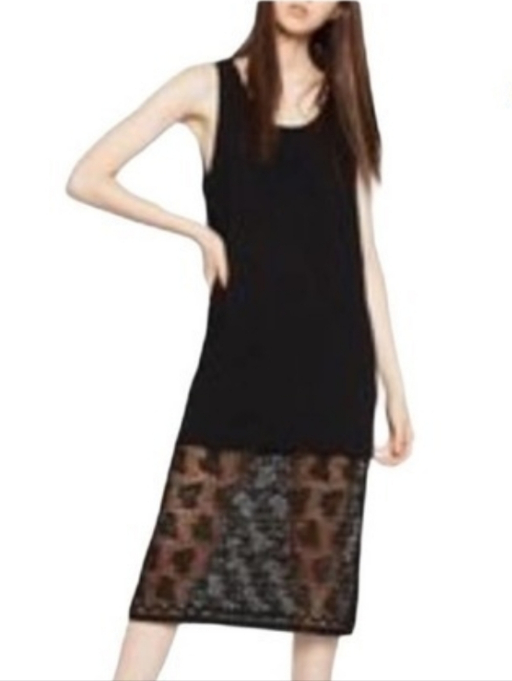Zara Black Sleeveless Midi Dress with Sheer Lace Hem